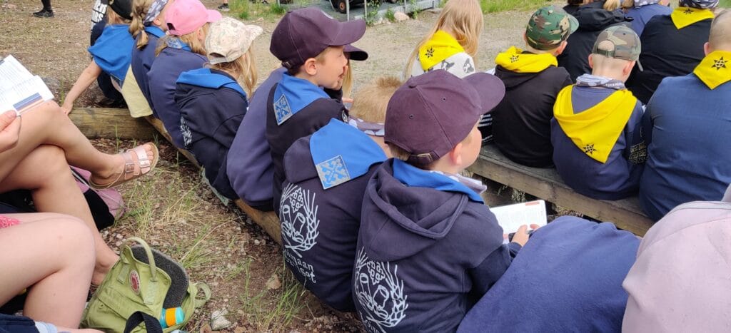 Loimaan Saviset Tammileirin 2022 yhteisessä ohjelmassa. Kuvassa näkyy puupenkillä istumassa sudenpentuja, joiden sinisen hupparin selässä Savisten leima ja teksti "Loimaan Saviset". Kaulassa savisten huivi.